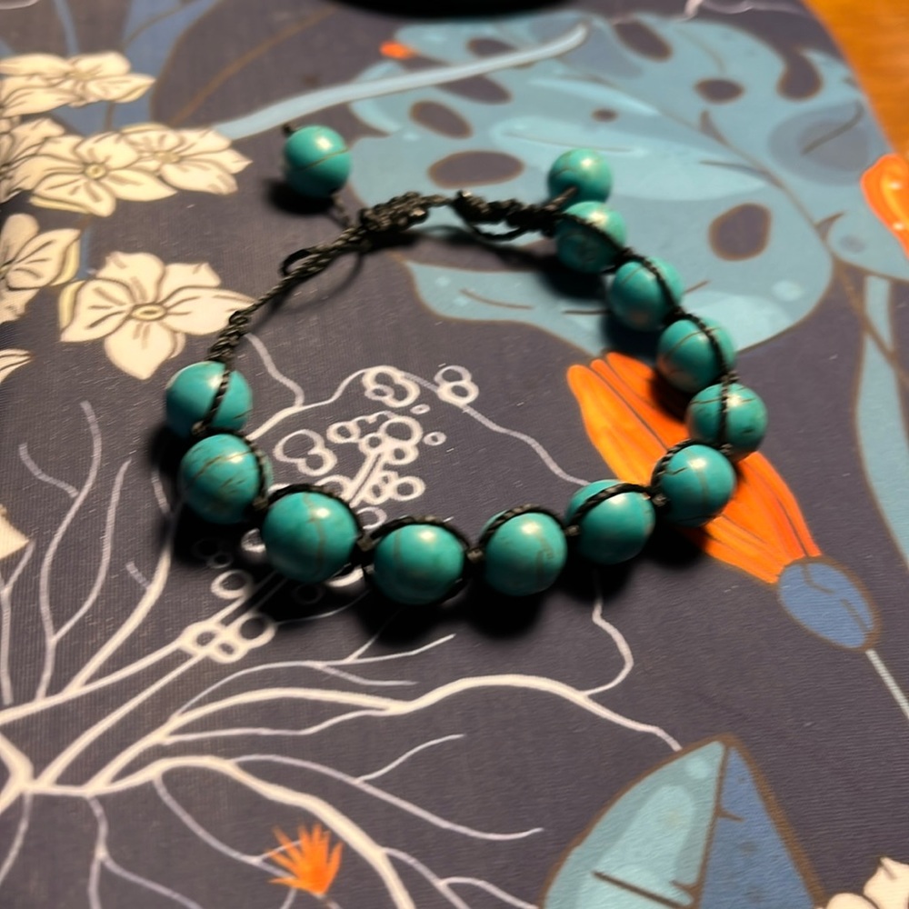 Bracelet, handmade, turquoise, and black cotton thread